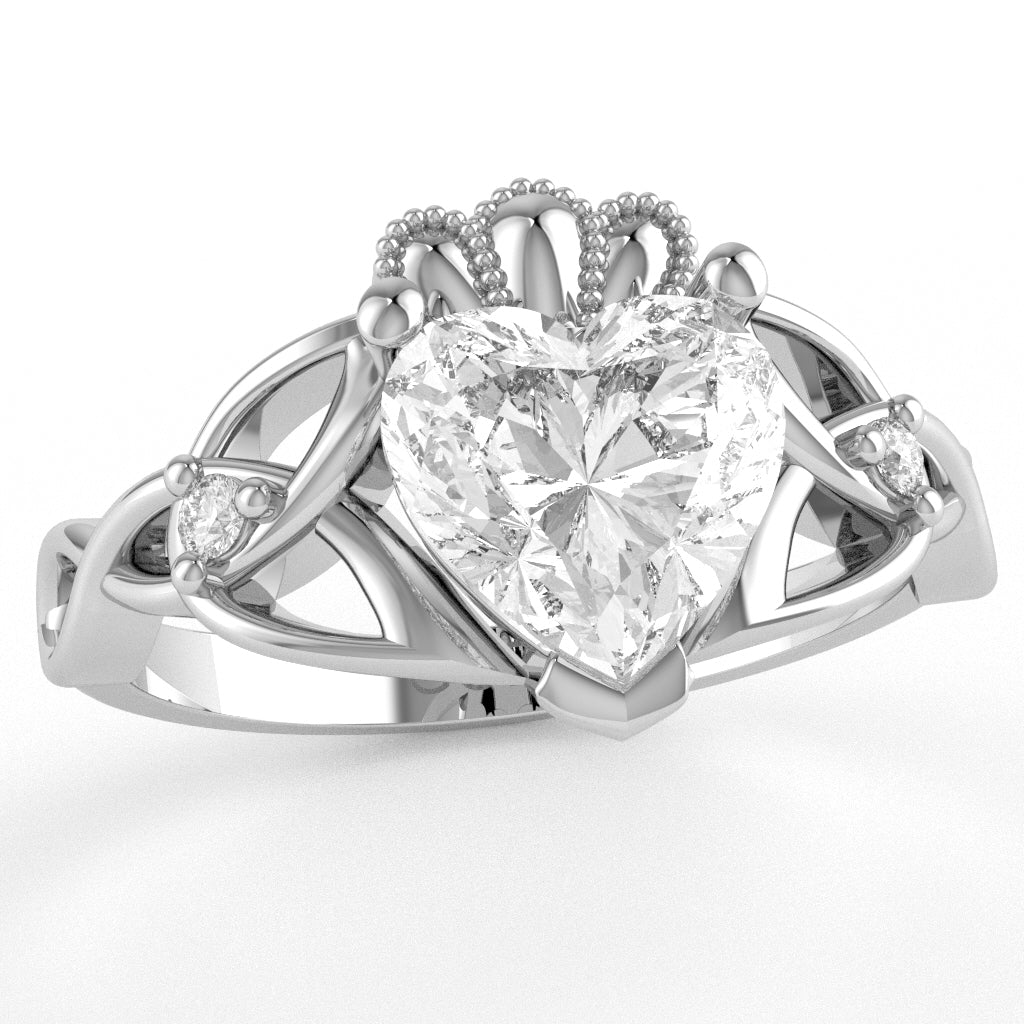 Celtic Trinity Knot Claddagh Heart White Topaz Diamond Ring In 14k White Gold