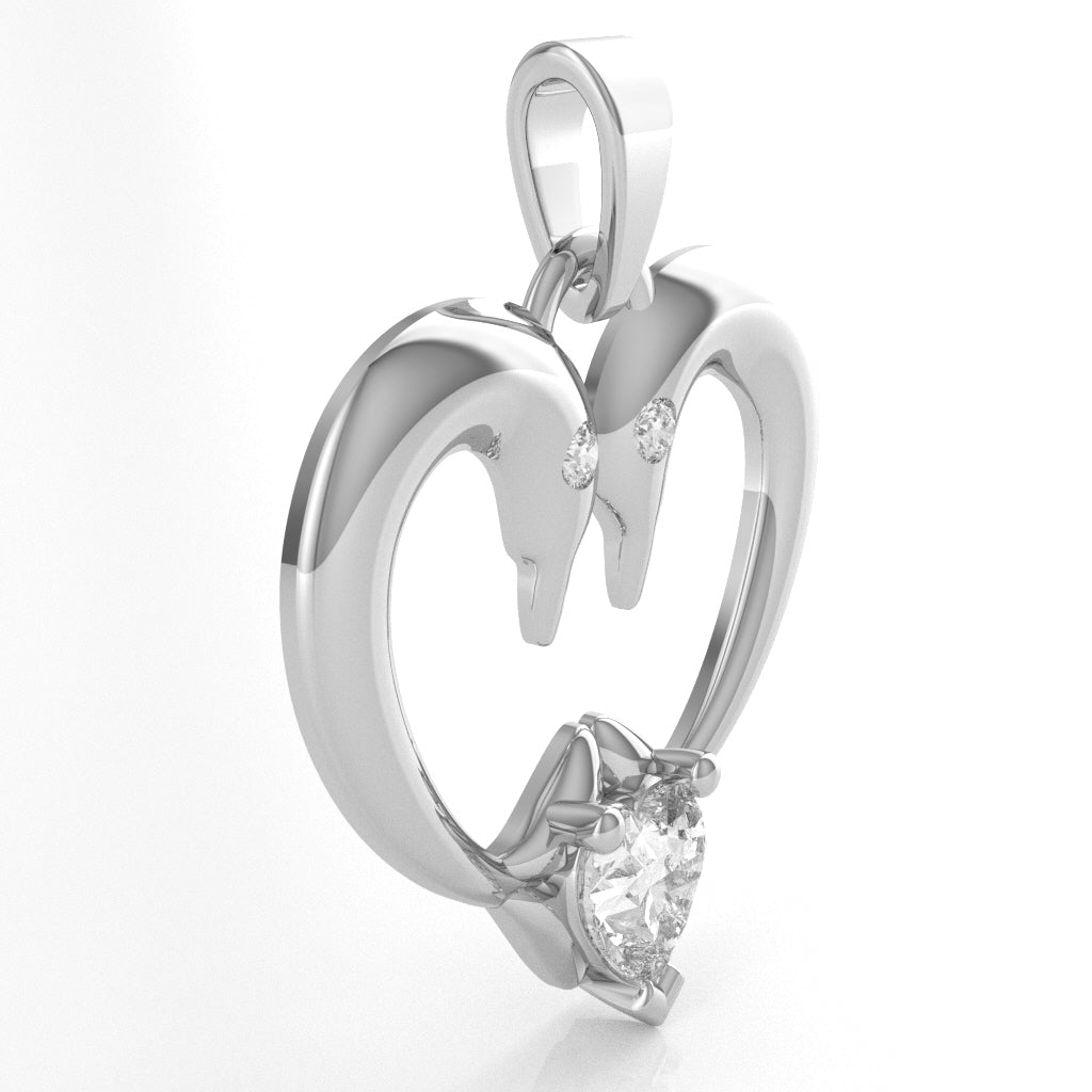 White Topaz Diamond  2 Dolphins Heart Love Pendant In 14k White Gold