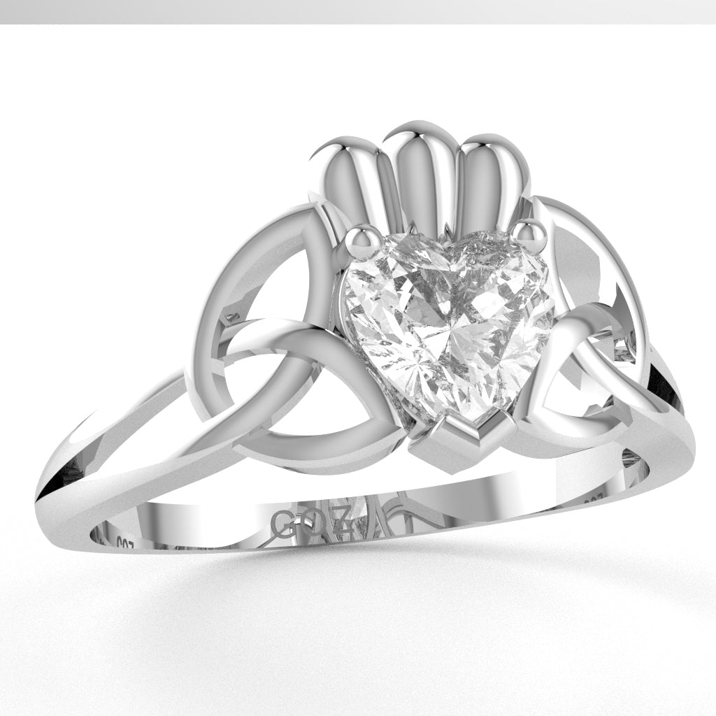 Celtic Trinity Knot Claddagh White Topaz Engagement Ring In 14k White Gold
