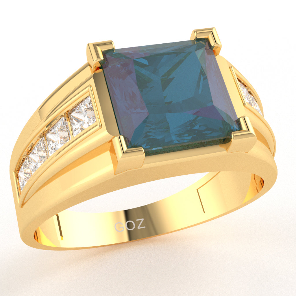 Men's Big Daddy Lab-Created Alexandrite Lab-Grown Diamond Channel Ring In Solid 14k Yellow Gold