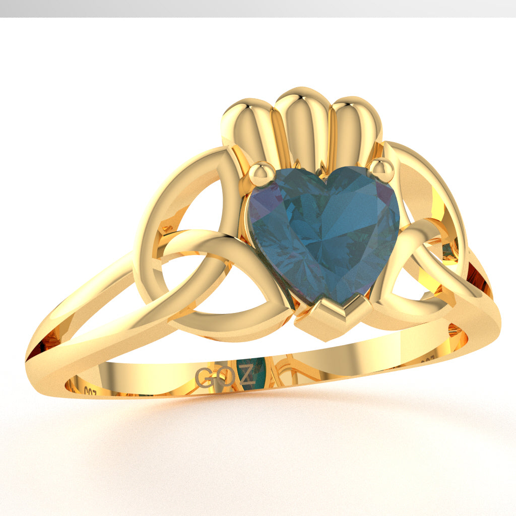 Celtic Trinity Knot Claddagh Lab-Created Alexandrite Engagement Ring In 14k Yellow Gold