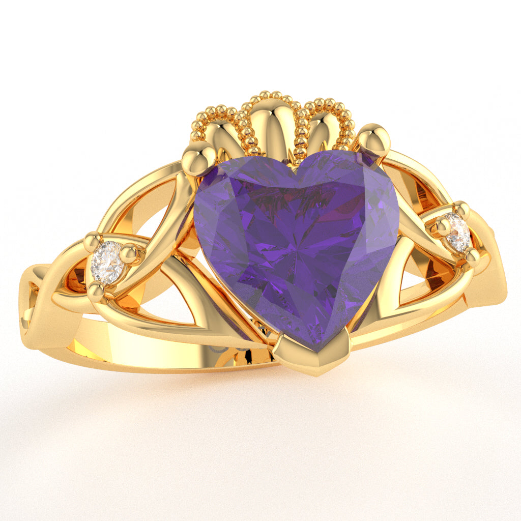 Celtic Trinity Knot Claddagh Heart Amethyst Diamond Ring In 10k Yellow Gold