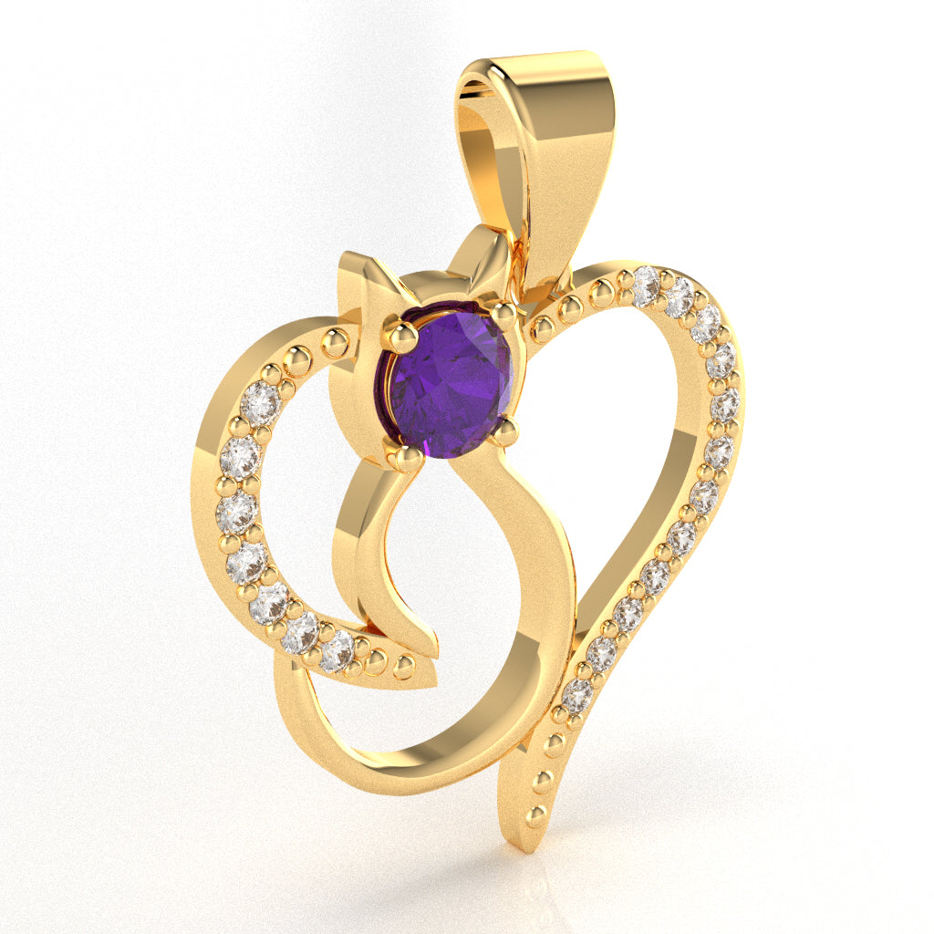 Amethyst Diamond  Cat Love Heart Pendant In 10k Yellow Gold