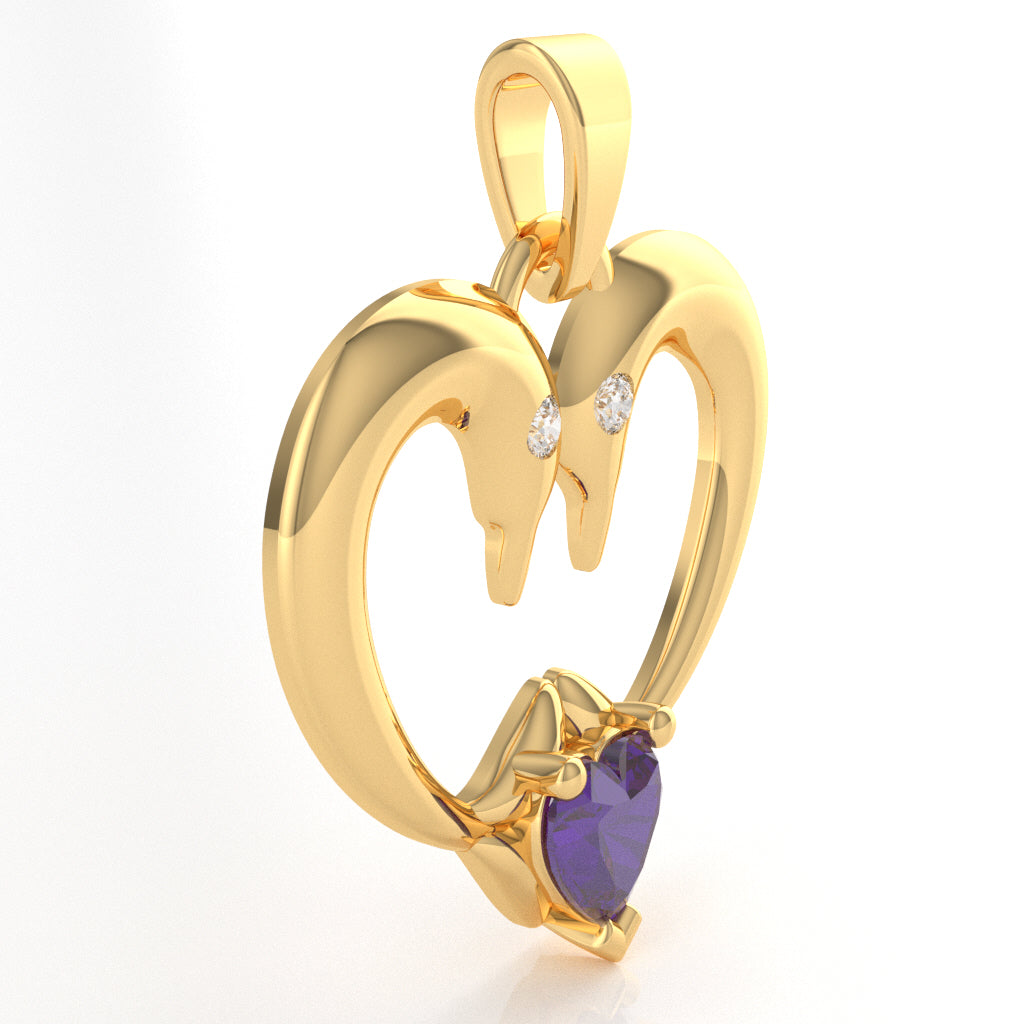 Amethyst Diamond  2 Dolphins Heart Love Pendant In 10k Yellow Gold