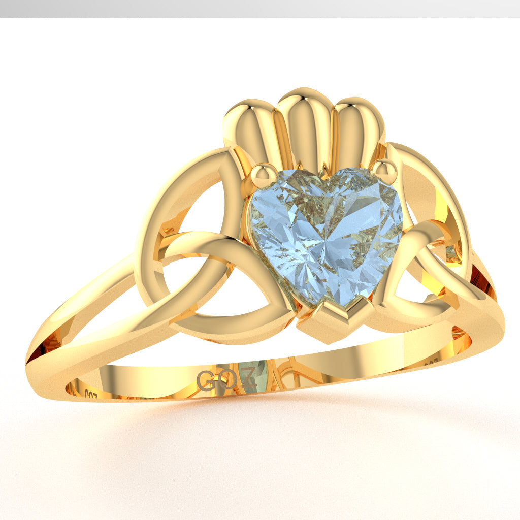 Celtic Trinity Knot Claddagh Aquamarine Engagement Ring In 14k Yellow Gold