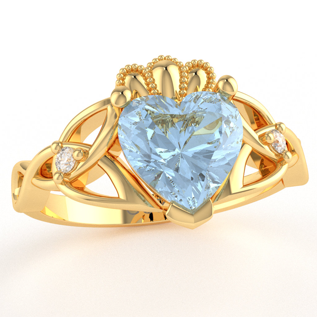 Celtic Trinity Knot Claddagh Heart Aquamarine Diamond Ring In 14k Yellow Gold