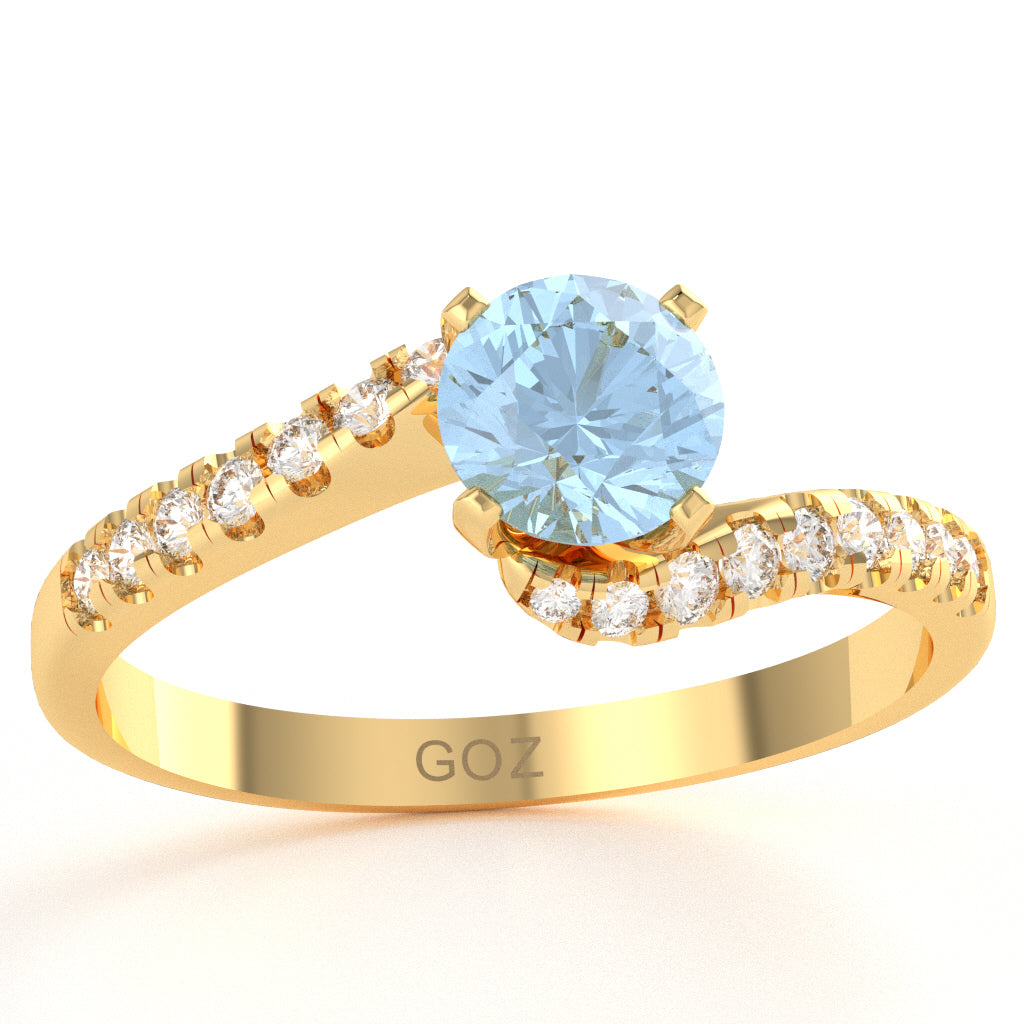 Aquamarine Diamond Curly Dainty Engagement Ring In 14k Yellow Gold