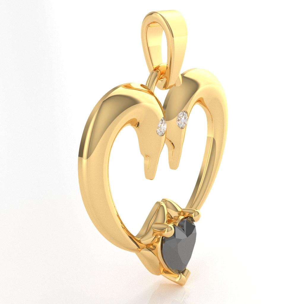 Black Onyx Diamond  2 Dolphins Heart Love Pendant In 14k Yellow Gold