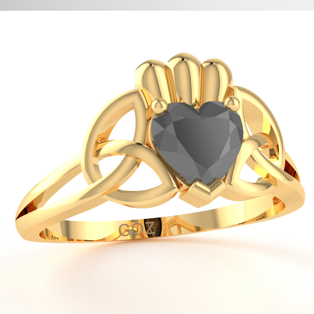 Celtic Trinity Knot Claddagh Black Onyx Engagement Ring In 10k Yellow Gold