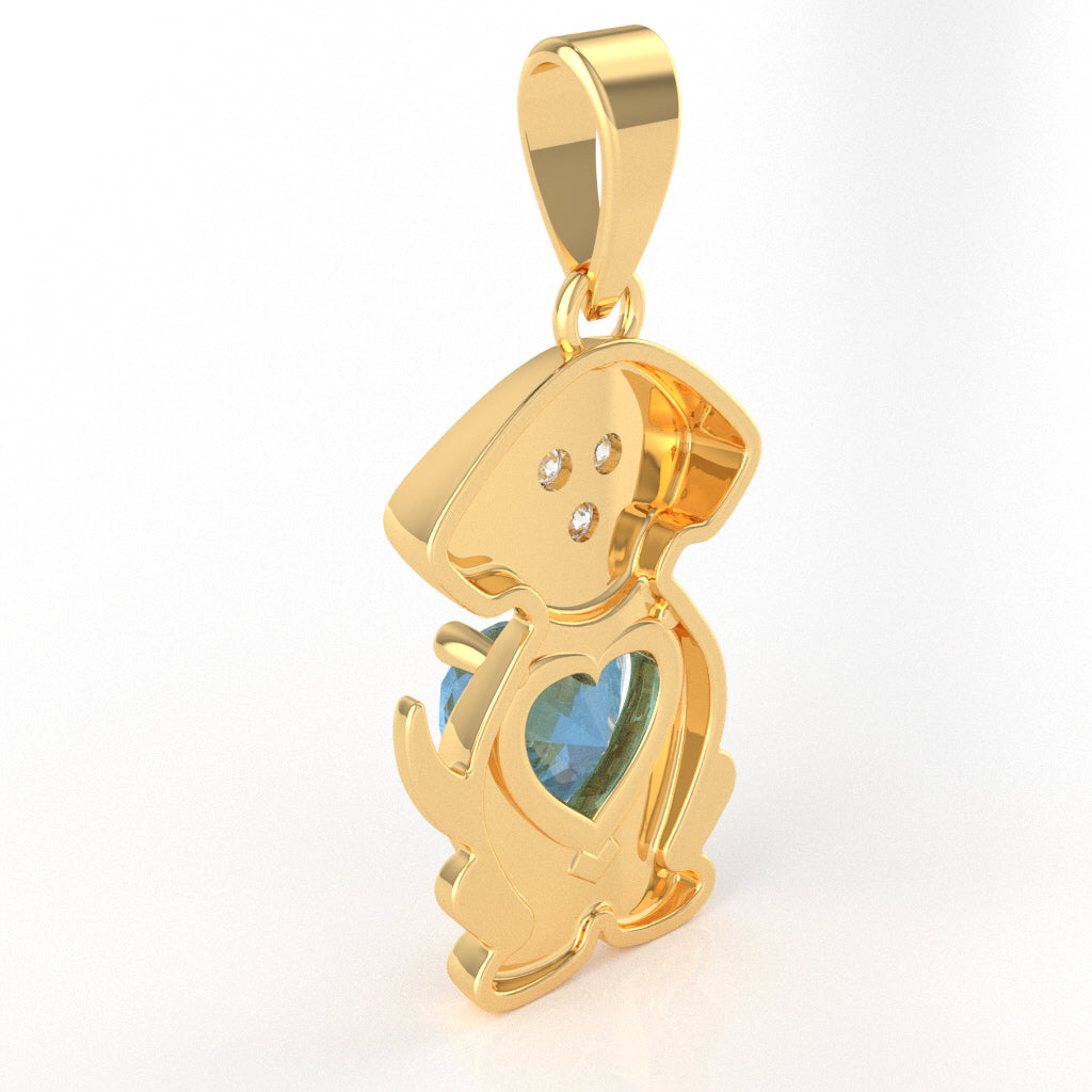 Blue Topaz Diamond  Puppy Love Heart Pendant In 14k Yellow Gold
