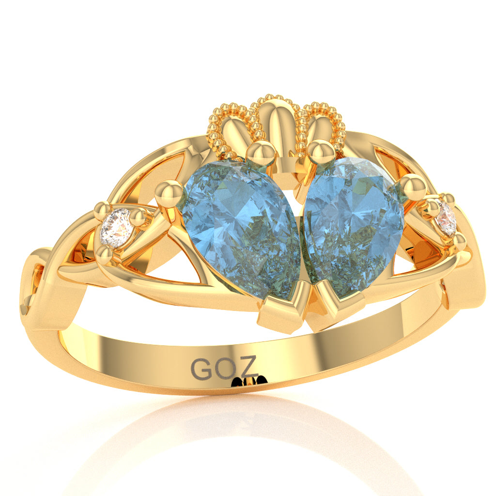 Blue Topaz Diamond Celtic Knot Heart Claddagh Ring In 10k Yellow Gold