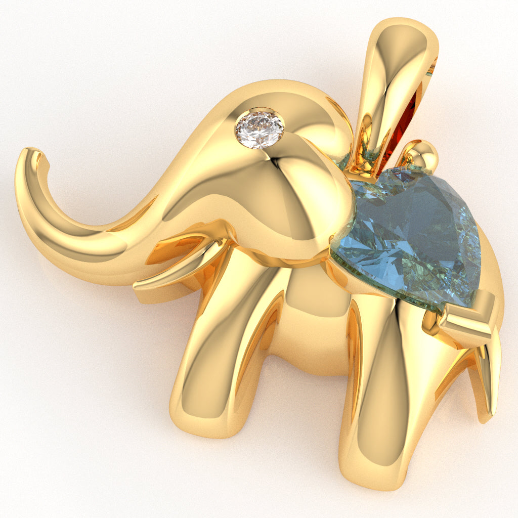 Blue Topaz Diamond Elephant Heart Birthstone Pendant In 14k Yellow Gold