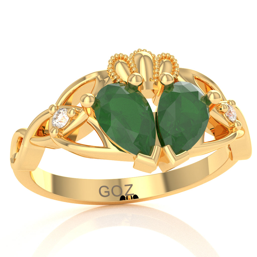 Emerald Diamond Celtic Knot Heart Claddagh Ring In 14k Yellow Gold