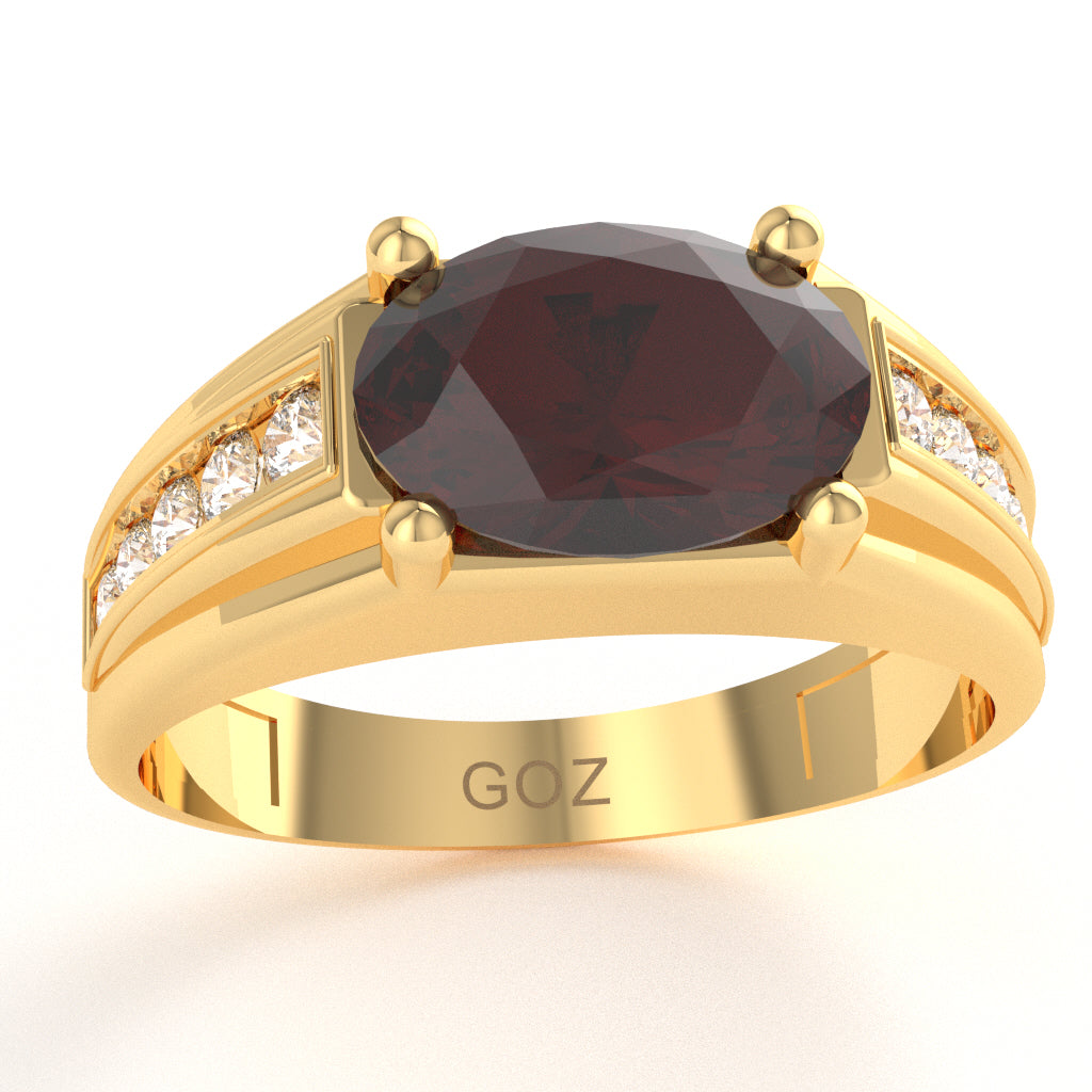 Garnet Diamond Designer Channel Ring In 14k Yellow Gold