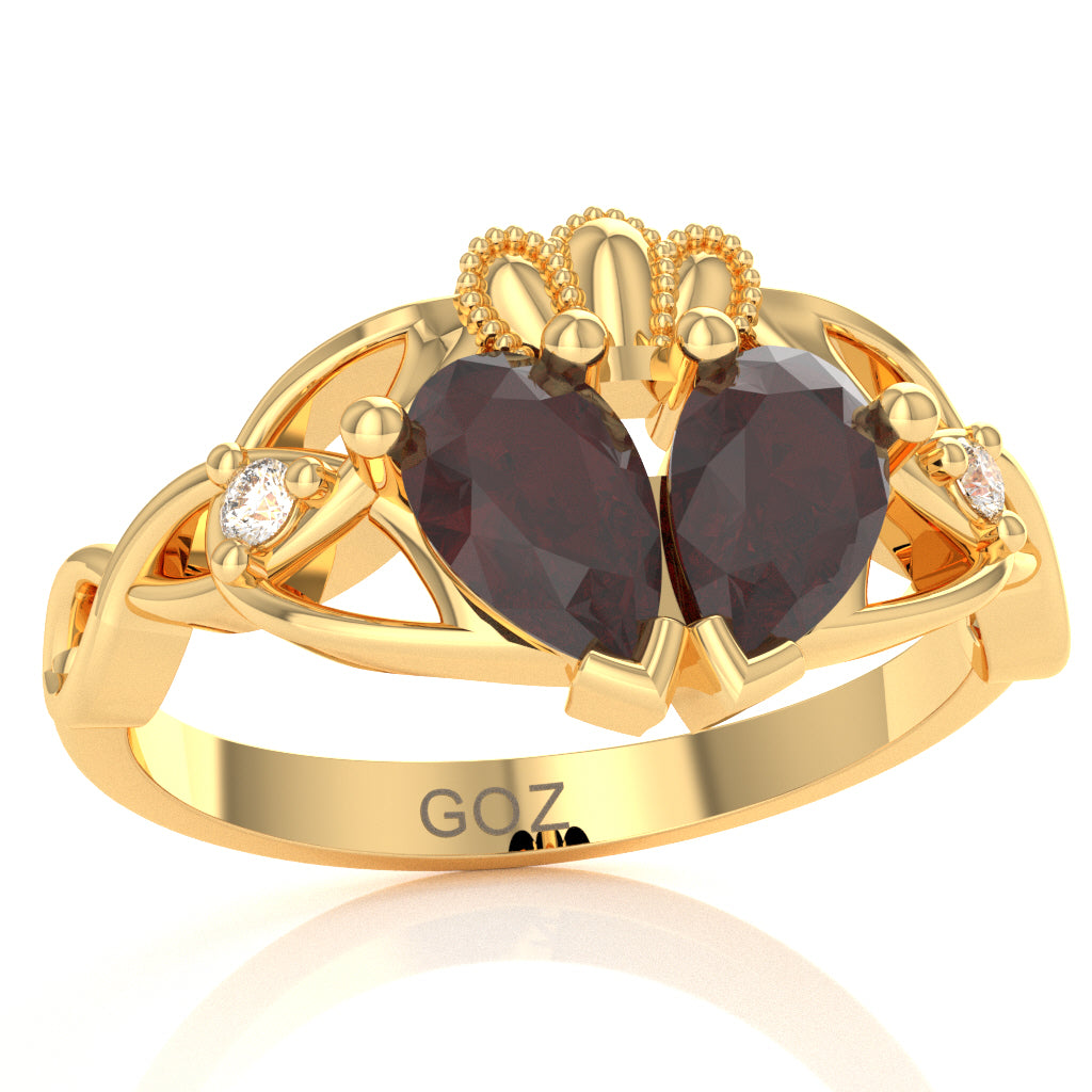 Garnet Diamond Celtic Knot Heart Claddagh Ring In 14k Yellow Gold