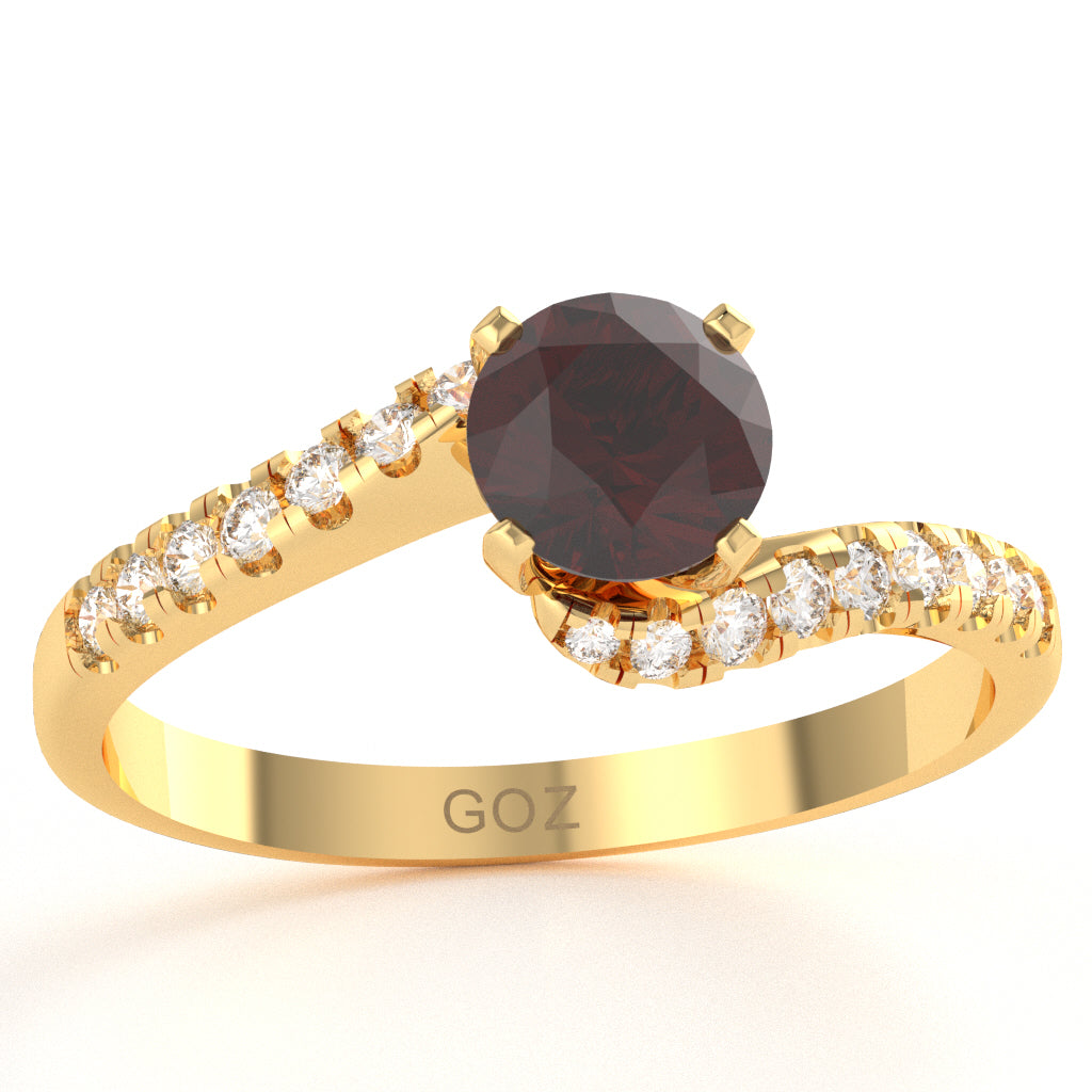 Garnet Diamond Curly Dainty Engagement Ring In 14k Yellow Gold