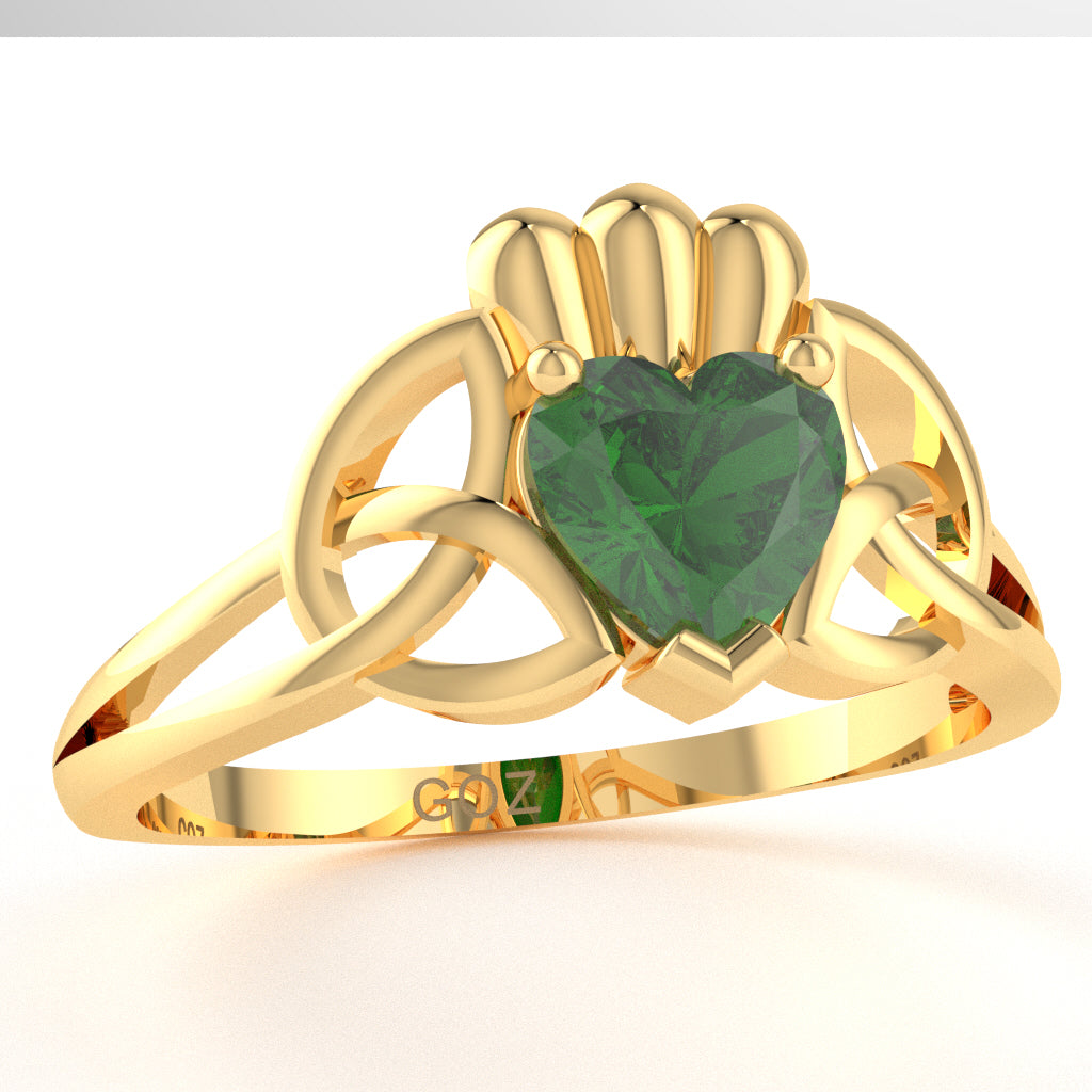 Celtic Trinity Knot Claddagh Lab-Created Emerald Engagement Ring In 14k Yellow Gold