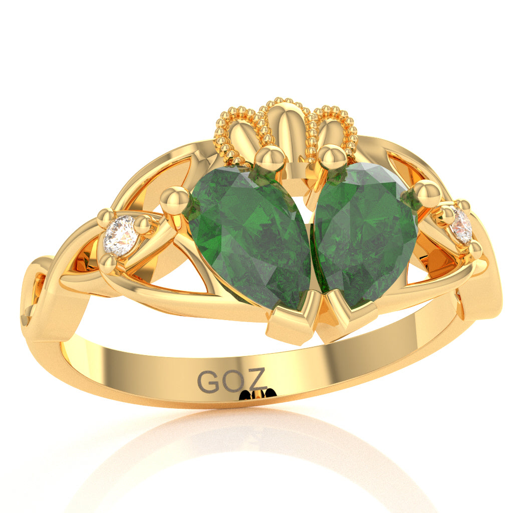 Lab-Created Emerald Diamond Celtic Knot Heart Claddagh Ring In 14k Yellow Gold