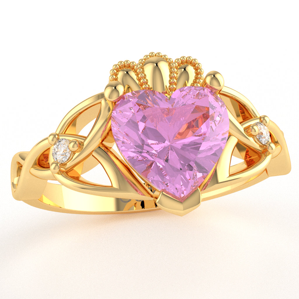 Celtic Trinity Knot Claddagh Heart Lab-Created Pink Sapphire Diamond Ring In 10k Yellow Gold