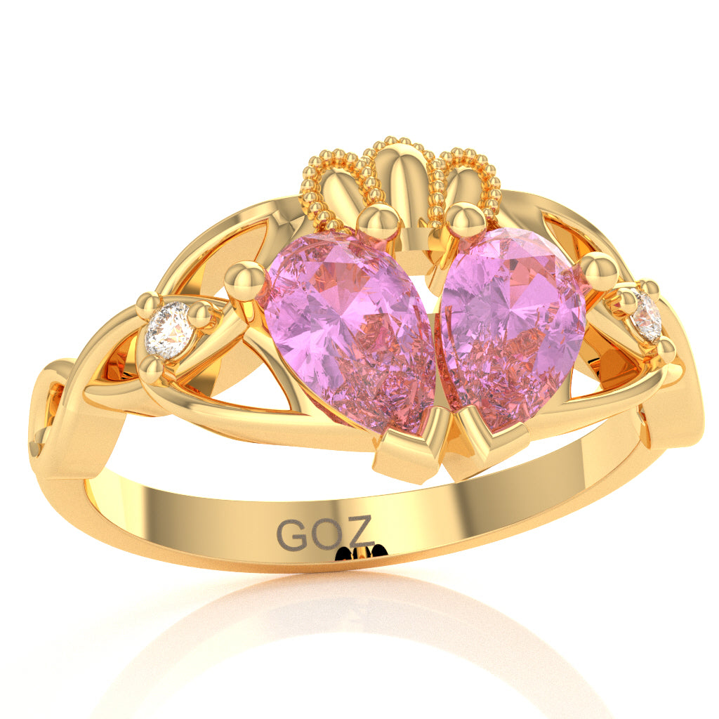 Lab-Created Pink Sapphire Diamond Celtic Knot Heart Claddagh Ring In 10k Yellow Gold