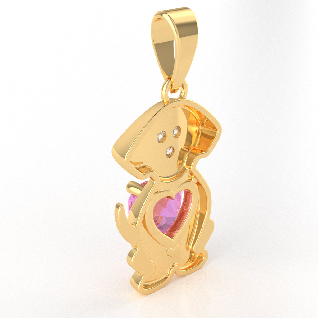 Lab-Created Pink Sapphire Diamond  Puppy Love Heart Pendant In 14k Yellow Gold
