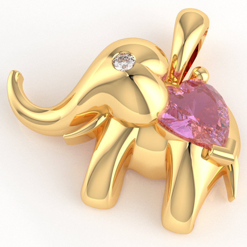 Lab-Created Pink Sapphire Diamond Elephant Heart Birthstone Pendant In 10k Yellow Gold