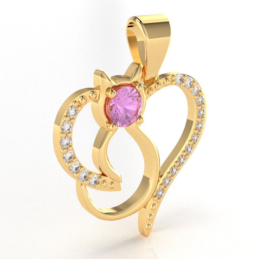Lab-Created Pink Sapphire Diamond  Cat Love Heart Pendant In 14k Yellow Gold