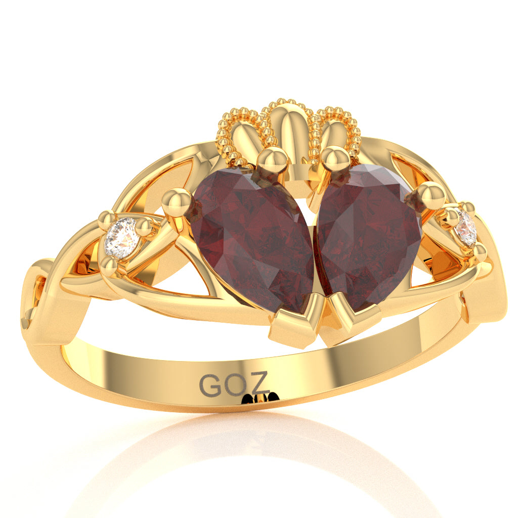 Lab-Created Ruby Diamond Celtic Knot Heart Claddagh Ring In 14k Yellow Gold