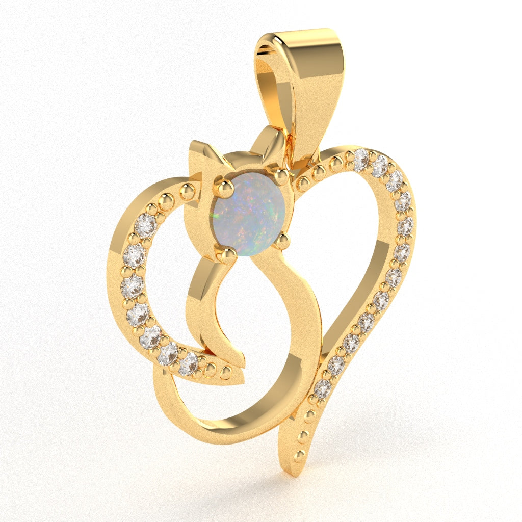 Opal Diamond  Cat Love Heart Pendant In 10k Yellow Gold