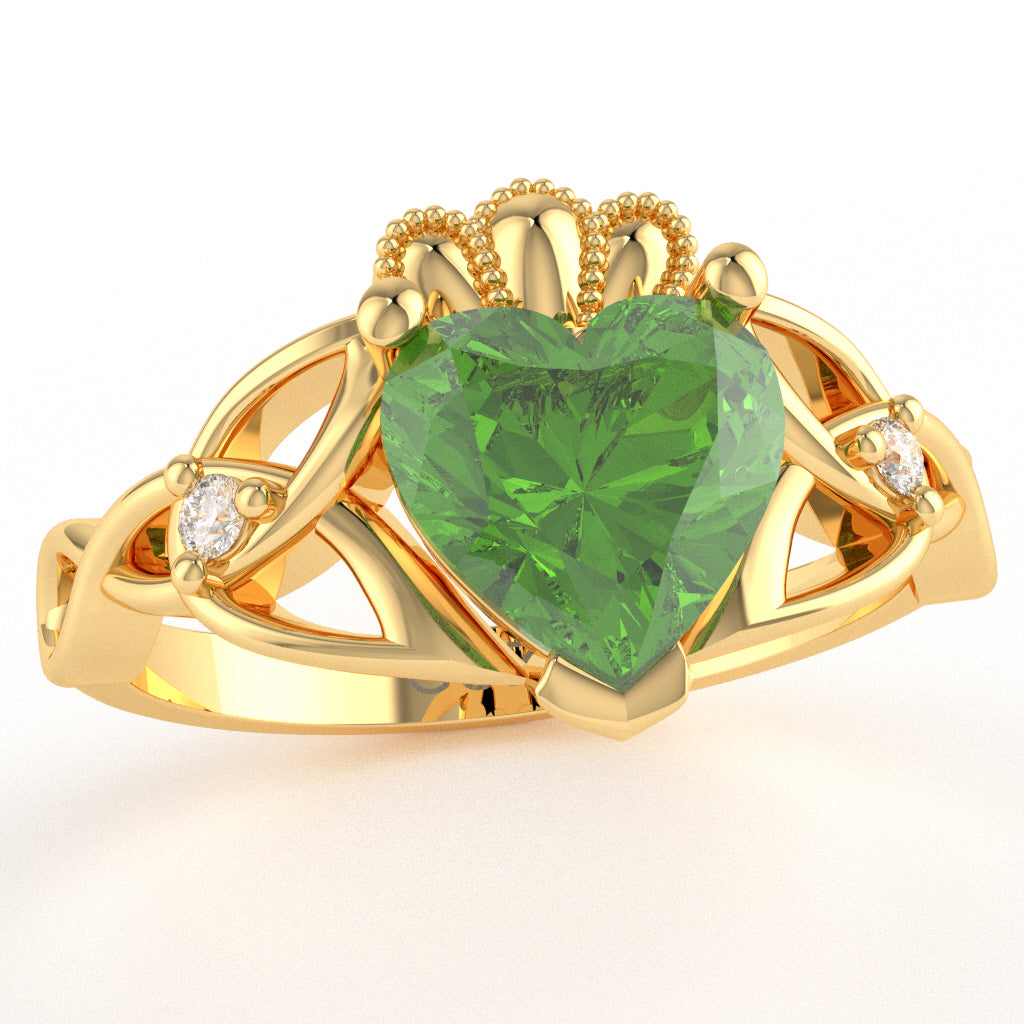 Celtic Trinity Knot Claddagh Heart Peridot Diamond Ring In 14k Yellow Gold