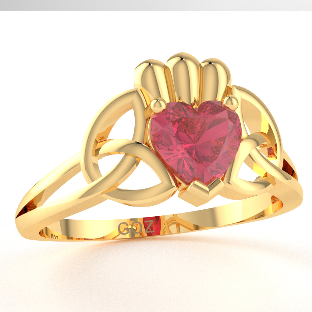 Celtic Trinity Knot Claddagh Pink Tourmaline Engagement Ring In 14k Yellow Gold