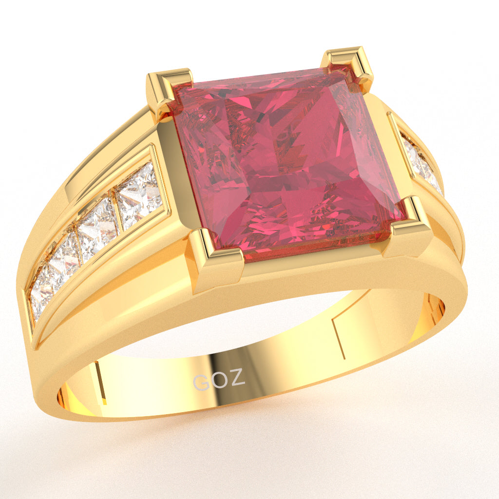 Men's Big Daddy Pink Tourmaline Lab-Grown Diamond Channel Ring In Solid 14k Yellow Gold