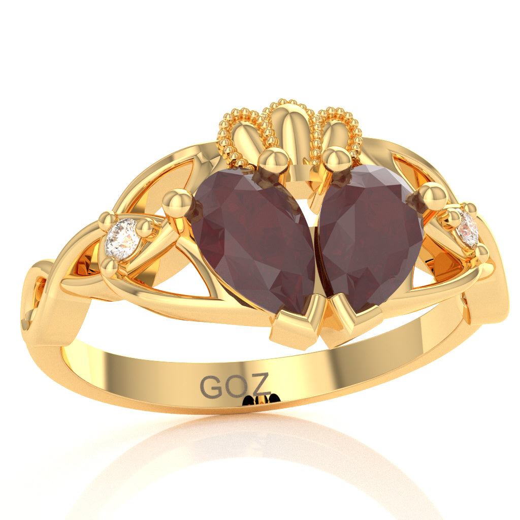 Ruby Diamond Celtic Knot Heart Claddagh Ring In 14k Yellow Gold