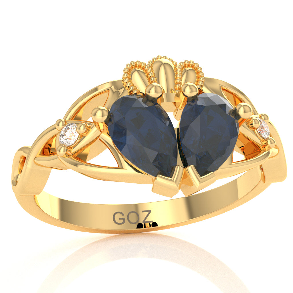 Sapphire Diamond Celtic Knot Heart Claddagh Ring In 14k Yellow Gold
