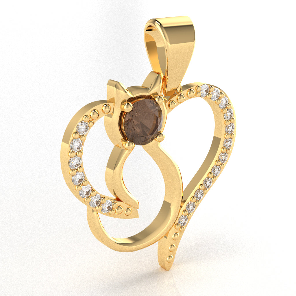 Smoky Quartz Diamond  Cat Love Heart Pendant In 10k Yellow Gold