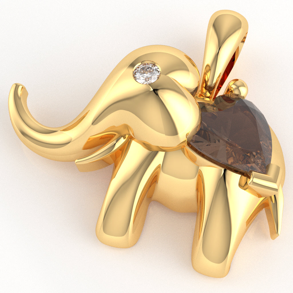 Smoky Quartz Diamond Elephant Heart Birthstone Pendant In 14k Yellow Gold