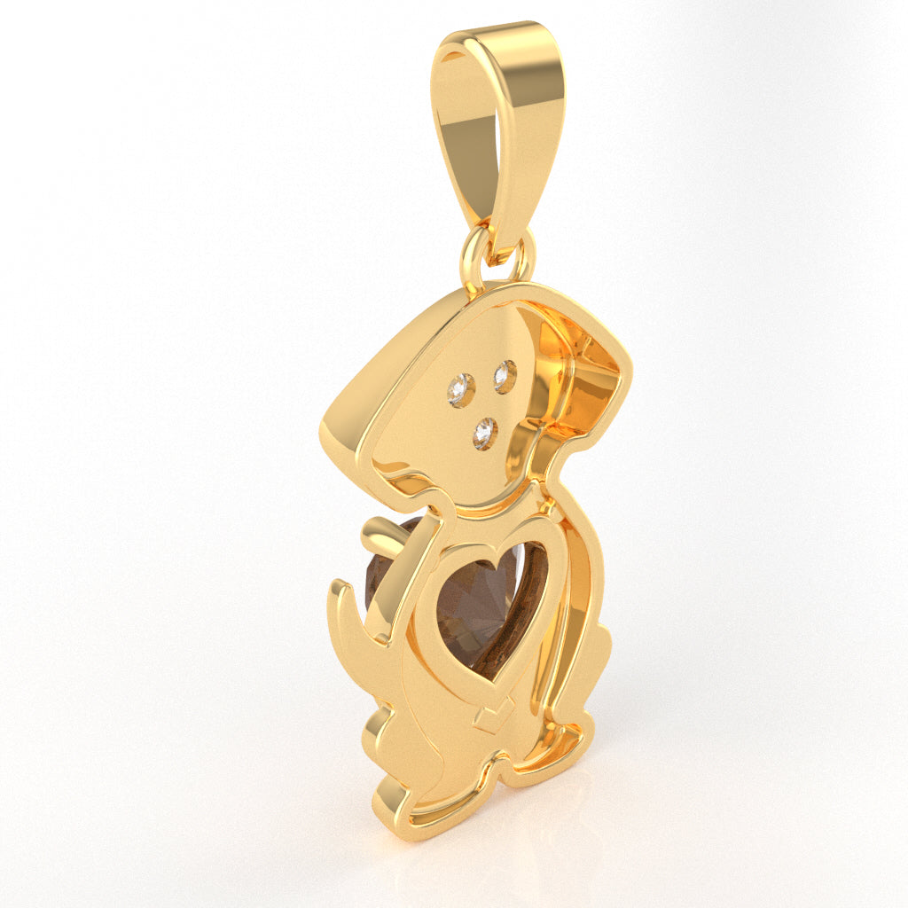 Smoky Quartz Diamond  Puppy Love Heart Pendant In 14k Yellow Gold