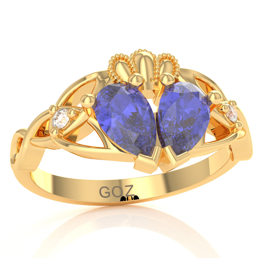 Tanzanite Diamond Celtic Knot Heart Claddagh Ring In 14k Yellow Gold