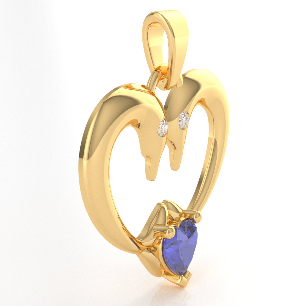 Tanzanite Diamond  2 Dolphins Heart Love Pendant In 10k Yellow Gold