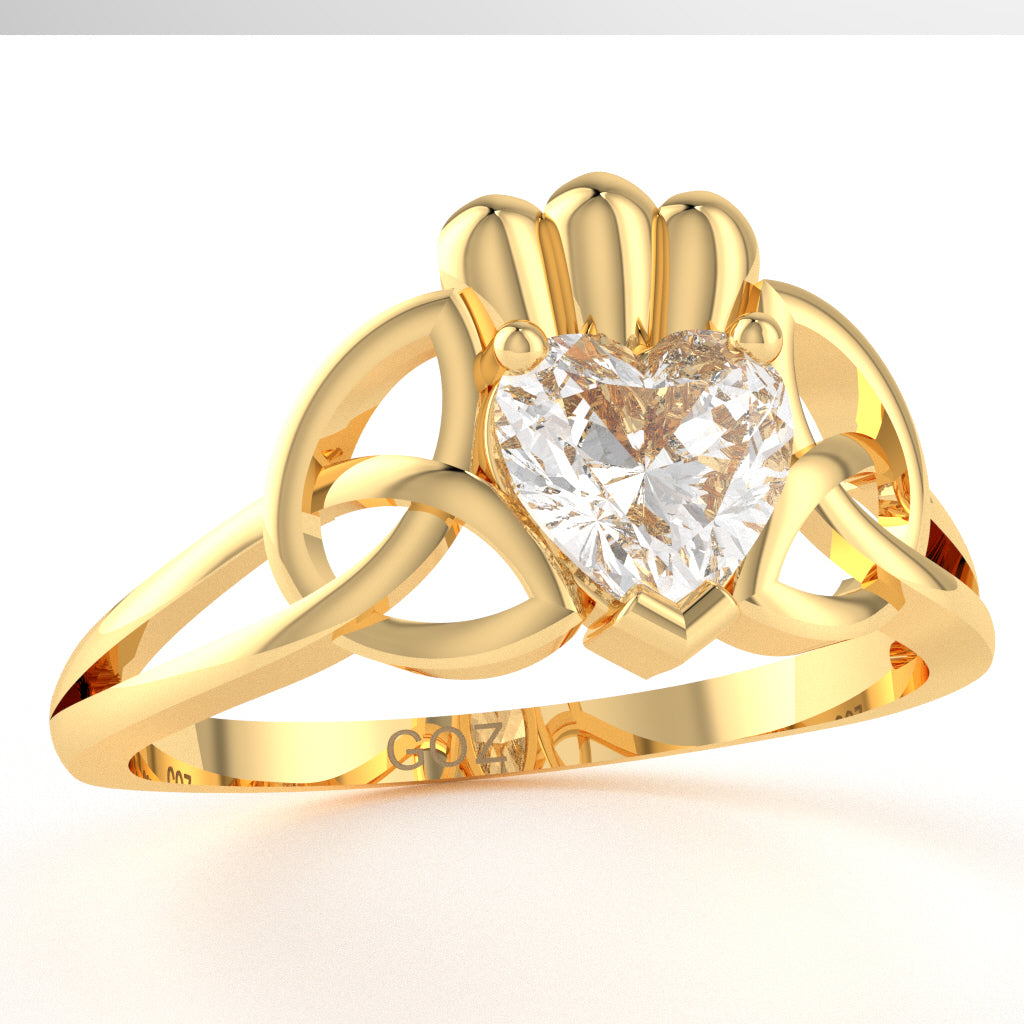 Celtic Trinity Knot Claddagh White Topaz Engagement Ring In 14k Yellow Gold