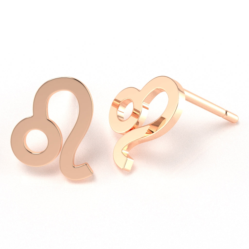 Leo Zodiac Sign Stud Earrings In Solid 10K Rose Gold