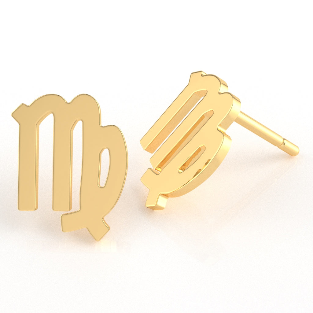 Virgo Zodiac Sign Stud Earrings In Solid 14K Yellow Gold