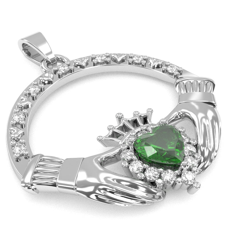 Lab-Created Emerald Diamond Claddagh  Pendant in 14k White Gold