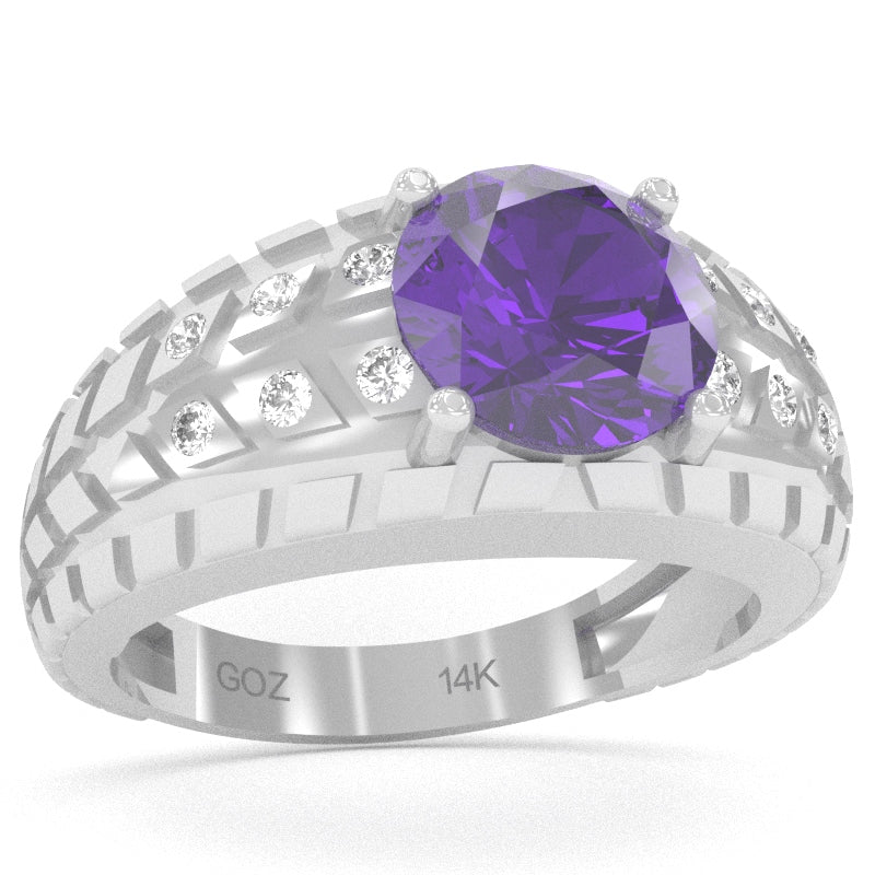 Men's Tire Tread Amethyst Diamond Ring In Solid 14k White Gold