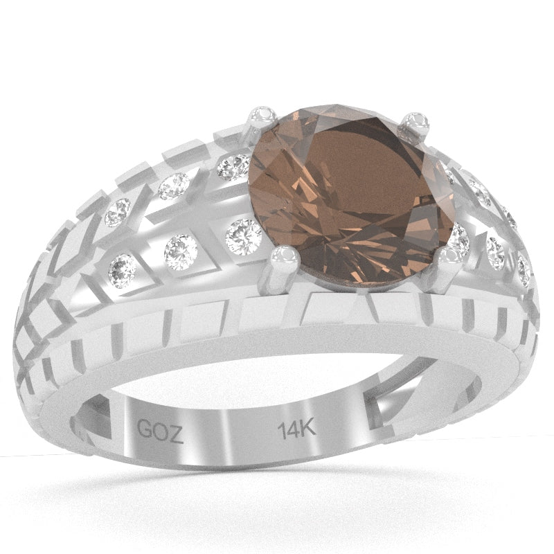Men's Tire Tread Smoky Quartz Diamond Ring In Solid 14k White Gold