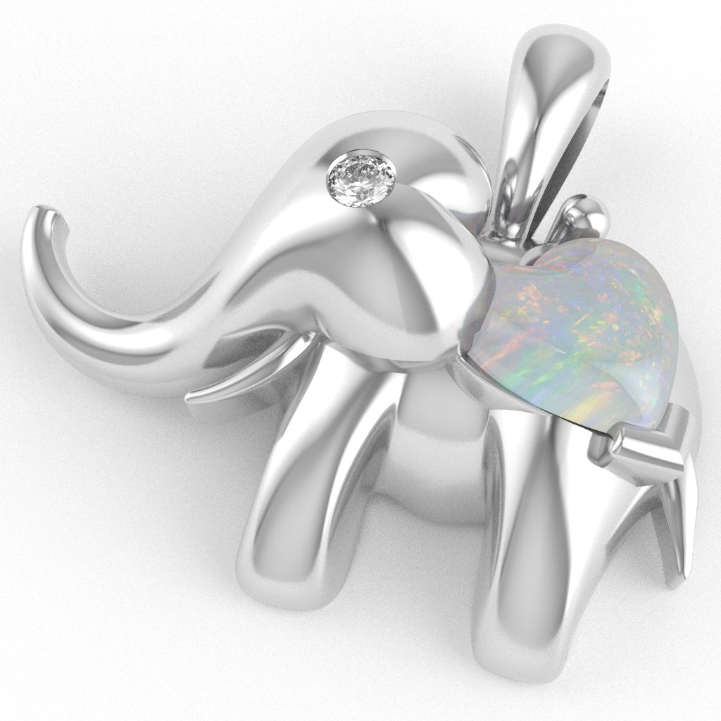 Opal Diamond Elephant Heart Birthstone Pendant In 10k White Gold