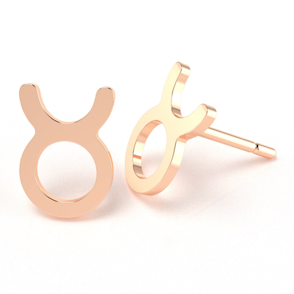 Taurus Zodiac Sign Stud Earrings In Solid 14K Rose Gold