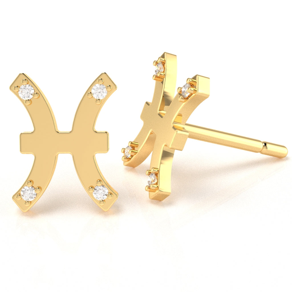 Pisces Zodiac Sign Diamond Stud Earrings In Solid 10K Yellow Gold