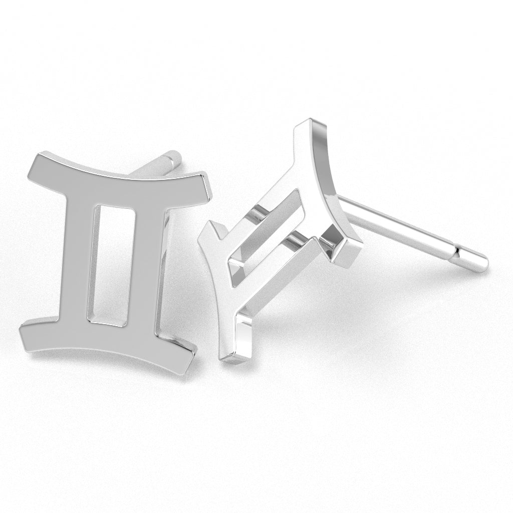 Gemini Zodiac Sign Stud Earrings In Solid 14K White Gold