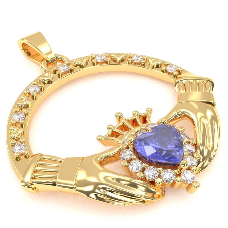 Tanzanite Diamond Claddagh  Pendant in 14k Yellow Gold